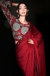 ISADAA BY ROTNA DUTT_Red Satin, Georgette Sequins, Beads, Embroidery Round Neck And Saree Set _Online_at_Aza_Fashions
