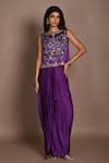 Buy_ISADAA BY ROTNA DUTT_Purple Satin, Georgette Sequins, Beads, Embroidery And Cutdana Top & Draped Skirt _at_Aza_Fashions