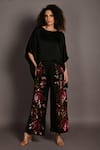 Buy_ISADAA BY ROTNA DUTT_Black Satin, Georgette Sequins, Beads Round Neck Kaftan Top And Floral Pant Set _at_Aza_Fashions
