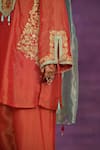 Shop_Jyoti Bansal_Red Tissue Embroidery, Mirrors, Tassels Split V-neck Tilla Dori And Kurta Set _Online_at_Aza_Fashions