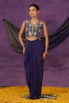 Buy_Jyoti Bansal_Purple Tissue, Crepe Embroidery, Mirrors, Tassels Printed Top And Drape Skirt Set _at_Aza_Fashions