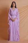 Buy_Richa Jaisinghani Label_Lilac Georgette Embroidery V-neck Noor Ruffle Kaftan With Belt _at_Aza_Fashions