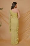 Shop_Richa Jaisinghani Label_Green Georgette Beads, Embroidery One Shoulder Lumiere Draped Gown _at_Aza_Fashions
