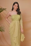 Buy_Richa Jaisinghani Label_Green Georgette Beads, Embroidery One Shoulder Lumiere Draped Gown _Online_at_Aza_Fashions
