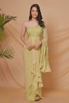 Buy_Richa Jaisinghani Label_Green Georgette Beads, Embroidery One Shoulder Lumiere Draped Gown _at_Aza_Fashions