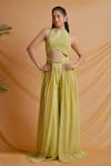 Buy_Richa Jaisinghani Label_Green Georgette Embroidery, Sequins Halter Neck, Palm Sage Jumpsuit With Trail _at_Aza_Fashions