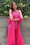 Shop_Richa Jaisinghani Label_Pink Georgette Embroidery, Ruffles, Sequins High Fuscia Flame Kurta Sharara Set _Online_at_Aza_Fashions