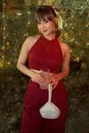Shop_Richa Jaisinghani Label_Red Georgette Sequins Halter Neck Deep Top And Pant Set _at_Aza_Fashions