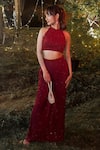 Buy_Richa Jaisinghani Label_Red Georgette Sequins Halter Neck Deep Top And Pant Set _at_Aza_Fashions