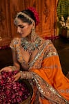 Shop_The Royaleum_Orange Silk Embroidery, Sequins, Zari, Mirrors V-neck Ishmira Saree _Online_at_Aza_Fashions