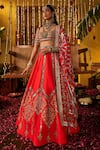 Buy_The Royaleum_Red Silk Embroidery, Zari, Sequins Square Neck Lalima Blouse Lehenga And Dupatta _Online_at_Aza_Fashions