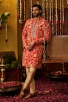 Shop_The Royaleum_Red Silk Embroidery, Sequins Zohravar Floral Kurta _at_Aza_Fashions