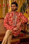 Buy_The Royaleum_Red Silk Embroidery, Sequins Zohravar Floral Kurta _Online_at_Aza_Fashions