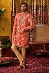 Buy_The Royaleum_Red Silk Embroidery, Sequins Zohravar Floral Kurta _at_Aza_Fashions