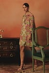 Shop_Pooja Rajgarhia Gupta_Multi Color Crepe Stones, Embroidery Collared Tara Ikat Pattern Frill Dress _Online_at_Aza_Fashions