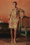 Buy_Pooja Rajgarhia Gupta_Multi Color Crepe Stones, Embroidery Collared Tara Ikat Pattern Frill Dress _at_Aza_Fashions