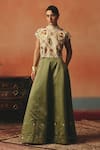 Buy_Pooja Rajgarhia Gupta_Beige Crepe, Satin Sequins, Embroidery High Neck Tota Maina Ikat Top And Skirt Set _at_Aza_Fashions
