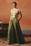 Buy_Pooja Rajgarhia Gupta_Beige Crepe Sequins High Neck Tota Maina Ikat Crop Top _at_Aza_Fashions