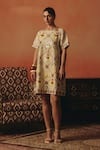 Buy_Pooja Rajgarhia Gupta_Beige Crepe Sequins Boat Neck Tota Maina Ikat Pattern Dress _at_Aza_Fashions
