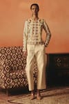 Buy_Pooja Rajgarhia Gupta_Beige Denim Embroidery Biege Ikat Pattern Trouser _at_Aza_Fashions