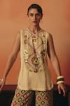 Buy_Pooja Rajgarhia Gupta_Beige Crepe, Georgette Sequins Tota Maina Ikat Pattern Top And Trouser Co-ord Set _at_Aza_Fashions