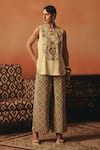 Shop_Pooja Rajgarhia Gupta_Beige Crepe, Georgette Sequins Tota Maina Ikat Pattern Top And Trouser Co-ord Set _Online_at_Aza_Fashions