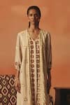 Pooja Rajgarhia Gupta_Beige Crepe Embroidery, Sequins V-neck Neerja Ikat Pattern Dress _Online_at_Aza_Fashions