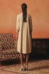 Shop_Pooja Rajgarhia Gupta_Beige Crepe Embroidery, Sequins V-neck Neerja Ikat Pattern Dress _at_Aza_Fashions