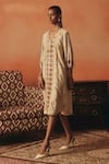 Buy_Pooja Rajgarhia Gupta_Beige Crepe Embroidery, Sequins V-neck Neerja Ikat Pattern Dress _at_Aza_Fashions