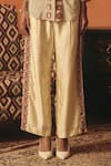 Pooja Rajgarhia Gupta_Beige Crepe, Cotton Satin Embroidery, Sequins Neerja Ikat Pattern Pant Set _Online_at_Aza_Fashions