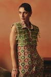 Pooja Rajgarhia Gupta_Green Crepe Tassels, Crystals, Beads Mayuri Ikat Pattern Shirt And Pant Co-ord Set _Online_at_Aza_Fashions
