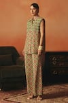 Shop_Pooja Rajgarhia Gupta_Green Crepe Tassels, Crystals, Beads Mayuri Ikat Pattern Shirt And Pant Co-ord Set _Online_at_Aza_Fashions