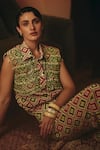 Pooja Rajgarhia Gupta_Green Crepe Tassels, Crystals, Beads Mayuri Ikat Pattern Shirt And Pant Co-ord Set _at_Aza_Fashions