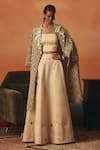 Buy_Pooja Rajgarhia Gupta_Green Crepe, Satin Sequins, Embroidery Mayuri Ikat Pattern Jacket And Lehenga Set _at_Aza_Fashions