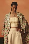 Pooja Rajgarhia Gupta_Green Crepe, Satin Sequins, Embroidery Mayuri Ikat Pattern Jacket And Lehenga Set _Online_at_Aza_Fashions