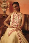 Pooja Rajgarhia Gupta_Beige Crepe, Georgette Embroidery, Sequins, Jharokha Ikat Kurti Lehenga Set _Online_at_Aza_Fashions