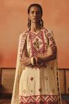 Shop_Pooja Rajgarhia Gupta_Beige Crepe, Georgette Embroidery, Sequins, Jharokha Ikat Kurti Lehenga Set _Online_at_Aza_Fashions