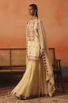 Shop_Pooja Rajgarhia Gupta_Beige Crepe, Georgette Embroidery, Sequins, Jharokha Ikat Kurti Lehenga Set _at_Aza_Fashions
