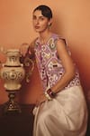 Buy_Pooja Rajgarhia Gupta_Multi Color Crepe, Satin Sequins Round Hansini Ikat Jacket And Draped Skirt Set _Online_at_Aza_Fashions