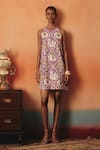 Buy_Pooja Rajgarhia Gupta_Magenta Crepe Sequins Round Neck Bulbul Ikat Pattern Dress _at_Aza_Fashions