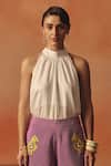 Pooja Rajgarhia Gupta_White Crepe, Satin Sequins, Embroidery Gauraiya Top And Ikat Pattern Pant Set _Online_at_Aza_Fashions