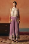 Buy_Pooja Rajgarhia Gupta_Magenta Crepe Sequins, Embroidery Bulbul Ikat Pattern Pant _Online_at_Aza_Fashions