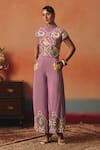 Buy_Pooja Rajgarhia Gupta_Magenta Crepe Sequins High Neck Bulbul Ikat Pattern Top And Pant Co-ord Set _at_Aza_Fashions