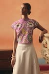 Shop_Pooja Rajgarhia Gupta_Magenta Crepe, Satin Sequins, Embroidery High Neck Hansini Ikat Top And Skirt Set _Online_at_Aza_Fashions