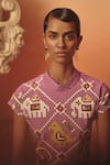 Pooja Rajgarhia Gupta_Magenta Crepe, Satin Sequins, Embroidery High Neck Hansini Ikat Top And Skirt Set _at_Aza_Fashions