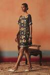 Pooja Rajgarhia Gupta_Navy Denim Sequins Boat Neck Mithu Ikat Pattern Dress _Online_at_Aza_Fashions