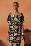 Buy_Pooja Rajgarhia Gupta_Navy Denim Sequins Boat Neck Mithu Ikat Pattern Dress _Online_at_Aza_Fashions