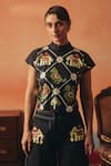 Pooja Rajgarhia Gupta_Navy Denim Sequins, Embroidery High Neck Mithu Ikat Pattern Top And Skirt Set _Online_at_Aza_Fashions