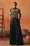 Buy_Pooja Rajgarhia Gupta_Navy Denim Sequins, Embroidery High Neck Mithu Ikat Pattern Top And Skirt Set _at_Aza_Fashions