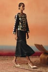 Shop_Pooja Rajgarhia Gupta_Navy Denim Sequins, Embroidery Round Neck Mithu Ikat Pattern Jacket _at_Aza_Fashions